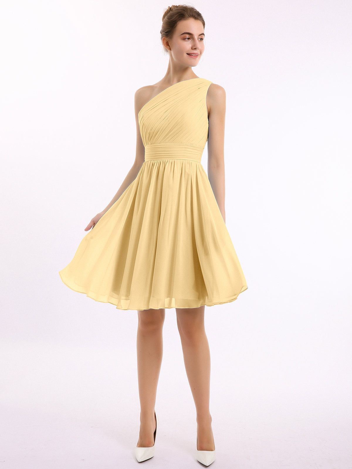 BABARONI Single Shoulder Knee length Chiffon Dresses Gold, Gold / US0 BABARONI Single Shoulder Knee length Chiffon Dresses Gold, Gold / US0