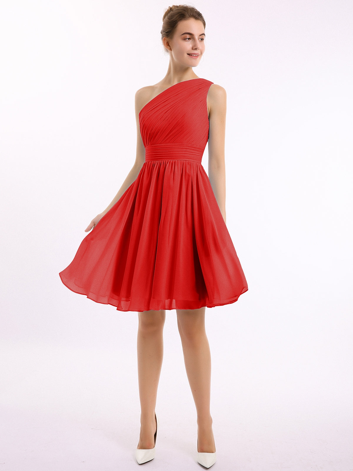 BABARONI Single Shoulder Knee Length Chiffon Dresses Red, Red / US0