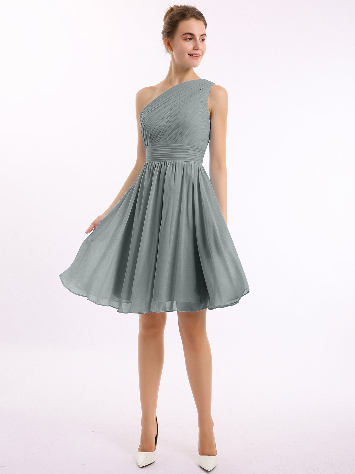 Single Shoulder Knee-length Chiffon Dresses Mint Green Plus Size