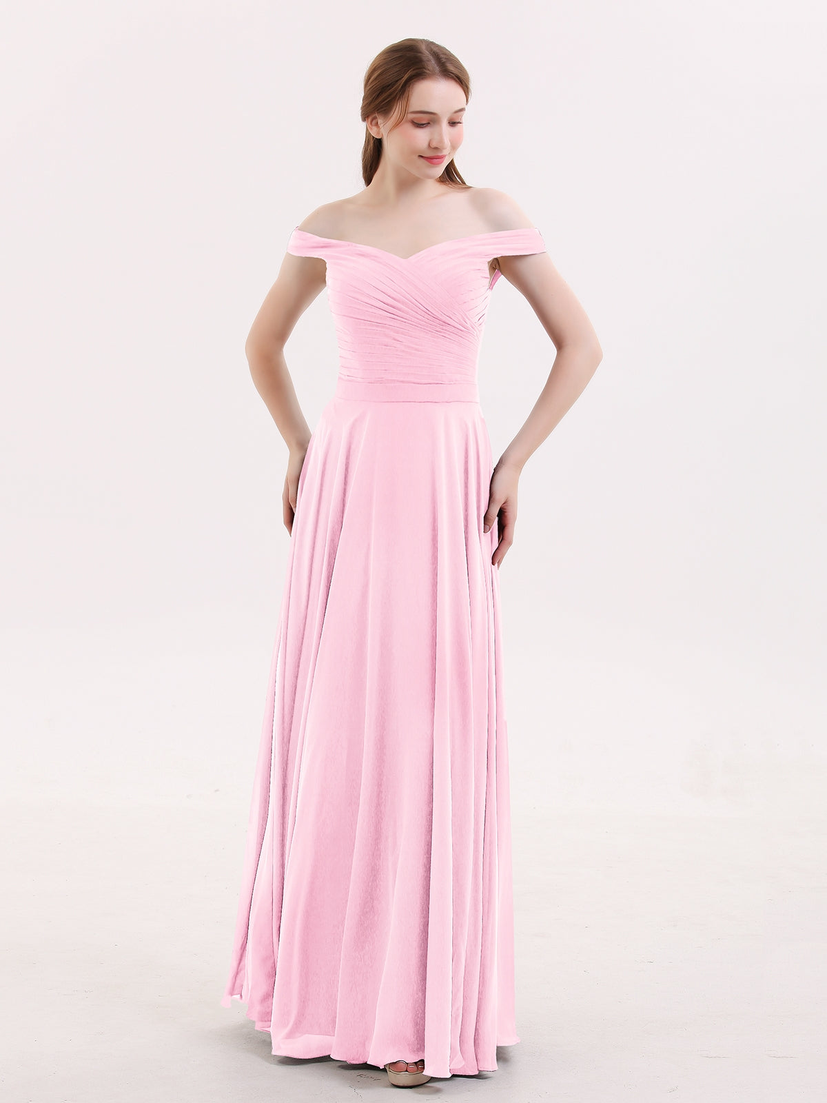 BABARONI Off Shoulder Full Length Chiffon Dress Candy Pink Plus size, Candy Pink / US18