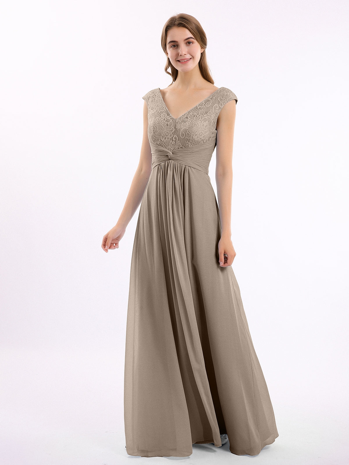 Long Lace Cap Sleeves Chiffon Gown with V Neck Taupe