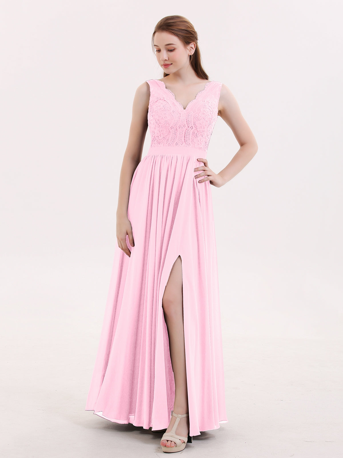 BABARONI Lace and Chiffon Sexy Dress with Slit Candy Pink, Candy Pink / US0 BABARONI Lace and Chiffon Sexy Dress with Slit Candy Pink, Candy Pink / US0