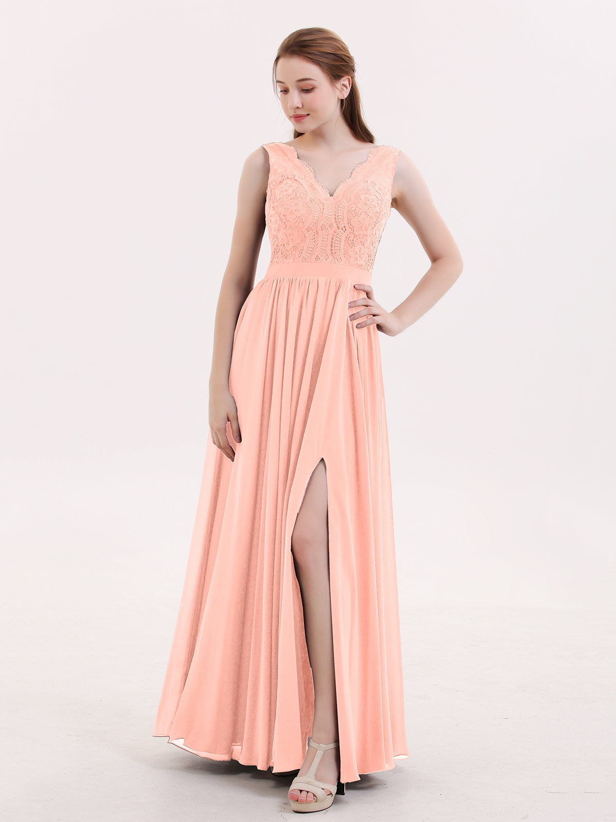 BABARONI Lace and Chiffon Sexy Dress with Slit Coral, Coral / US0