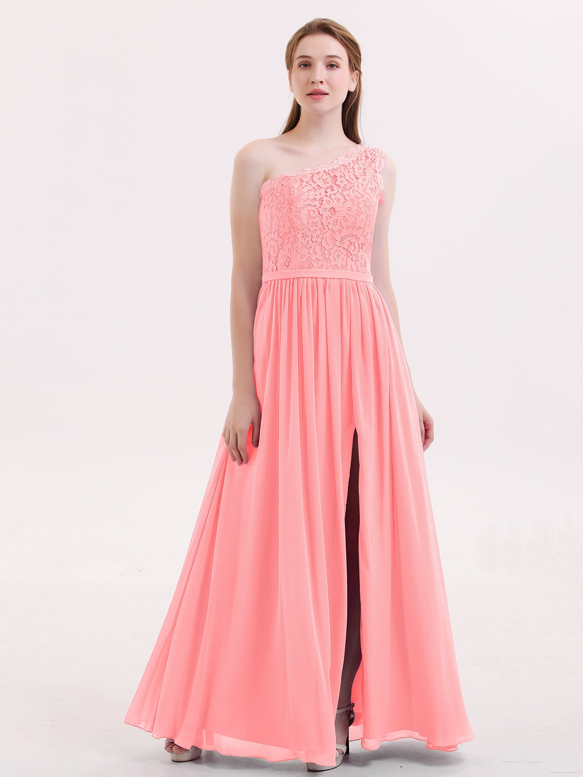 Sweethart Neckline Chiffon Dress with Slit Flamingo