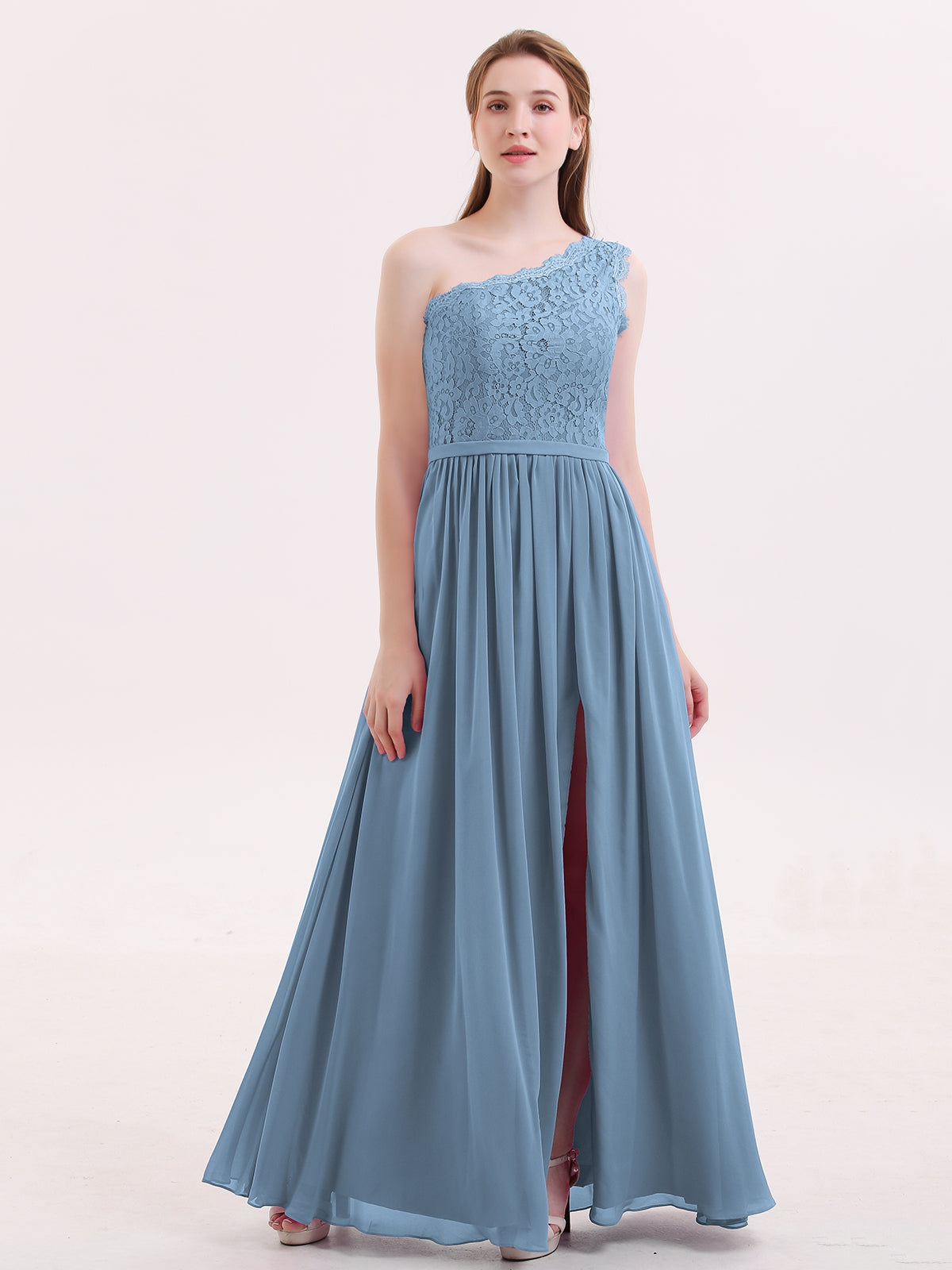 Sleek Fit Chiffon Evening Dress with Overlay Detail Slate Blue