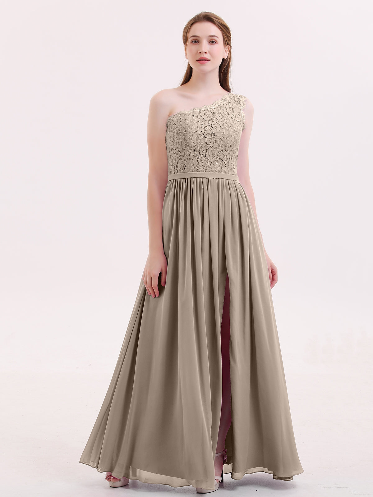 BABARONI One Shoulder Chiffon And Lace Dress with Slit Taupe, Taupe / US0