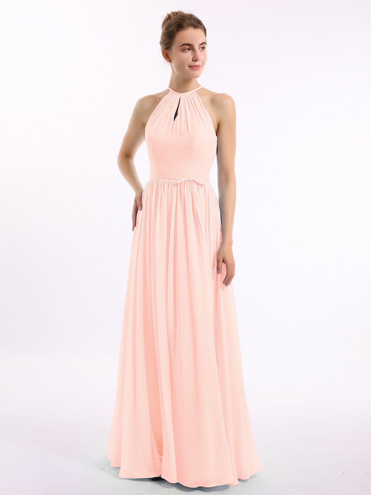 BABARONI Long Halter Chiffon Dresses with Open Back Pearl Pink Plus size, Pearl Pink / US18
