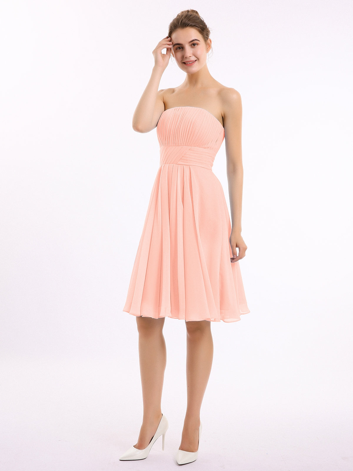 short bridesmaid dresses in coral BABARONI Chiffon Strapless Knee-length Sleeveless Ruched A-line, Coral / US18 Black Satin Mermaid Prom