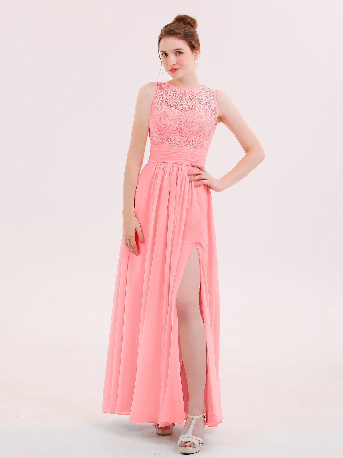 BABARONI Illusion Neck Lace and Chiffon Dress with Slit Flamingo Plus size, Flamingo / US18 BABARONI Illusion Neck Lace and Chiffon Dress with Slit Flamingo Plus size, Flamingo / US18