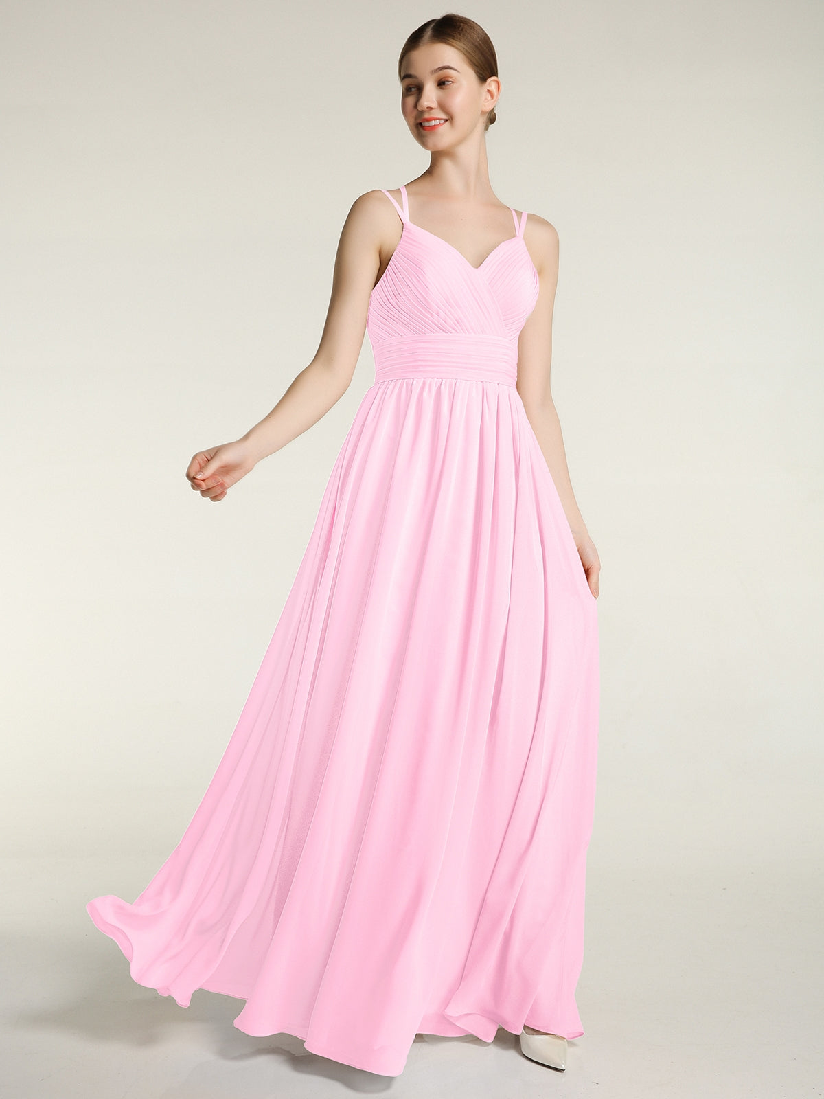 BABARONI Chiffon Candy Pink Bridesmaid Dresses Sweetheart Floor-length  Spaghetti Straps Ruched A-line