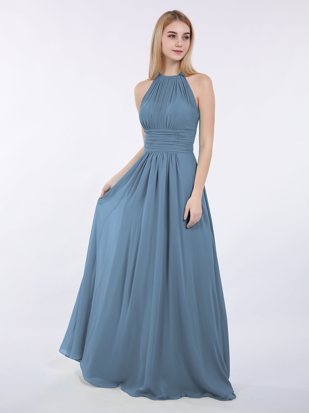 BABARONI Chiffon Slate Blue Bridesmaid Dresses Halter Floor-length