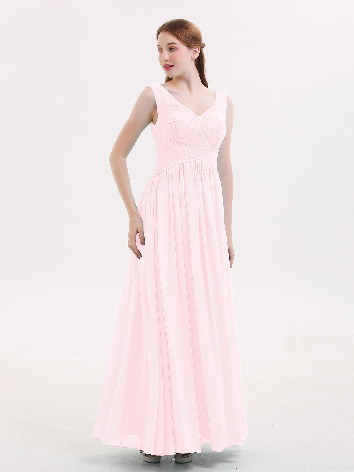 Elegant V Neck Flowy Chiffon Dresses with Wraps Blushing Pink