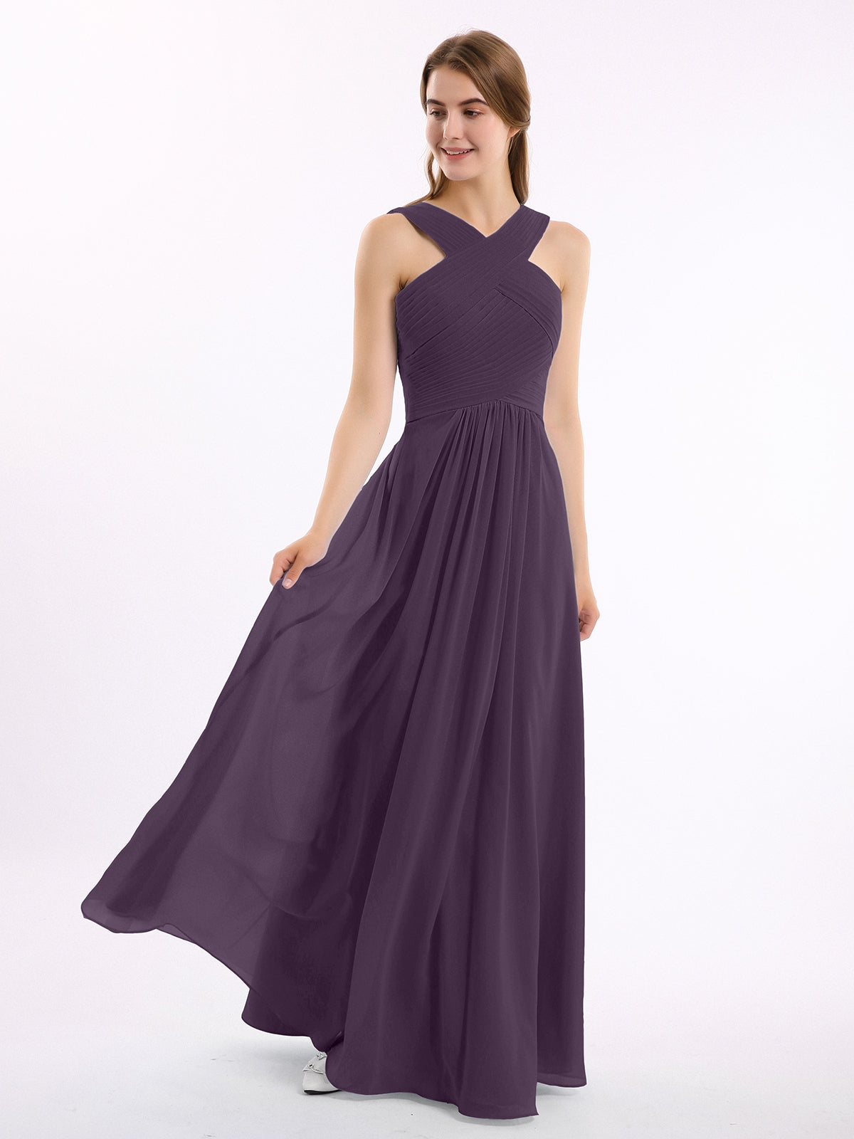 BABARONI Chiffon Plum Bridesmaid Dresses Grecian Floor-length Sleeveless Ruched Empire BABARONI Chiffon Plum Bridesmaid Dresses Grecian Floor-length Sleeveless Ruched Empire