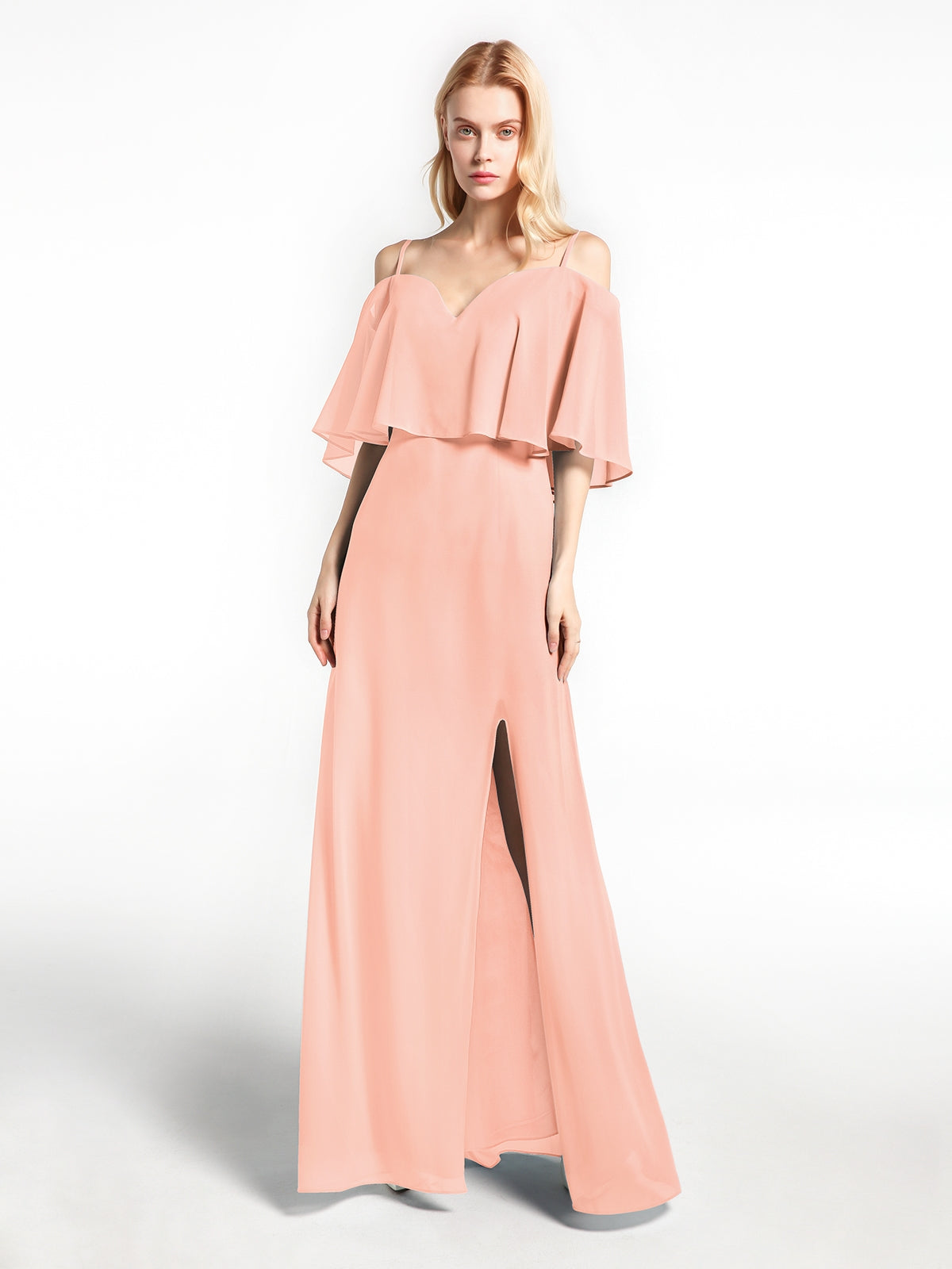 BABARONI Chiffon Coral Bridesmaid Dresses Sweetheart Floor-length Spaghetti Straps with Slit A-line BABARONI Chiffon Coral Bridesmaid Dresses Sweetheart Floor-length Spaghetti Straps with Slit A-line