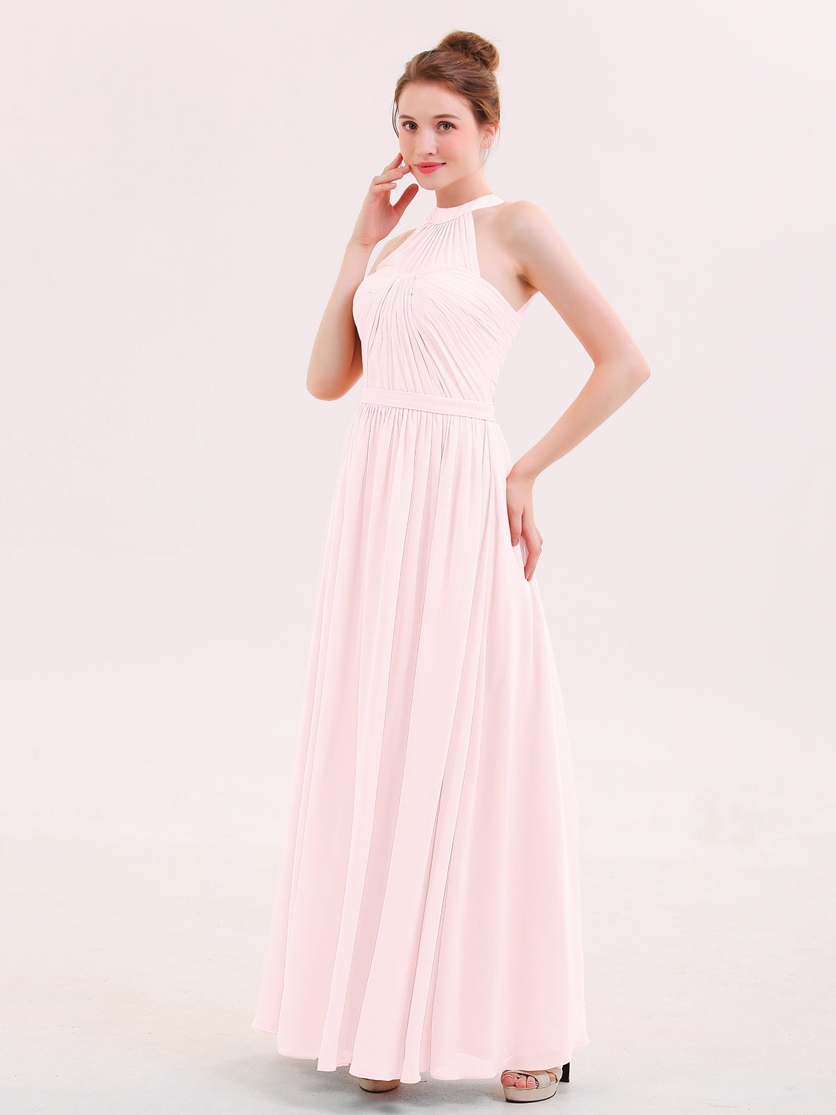 Halter Chiffon Dresses with Double StrapS Blushing Pink Plus Size