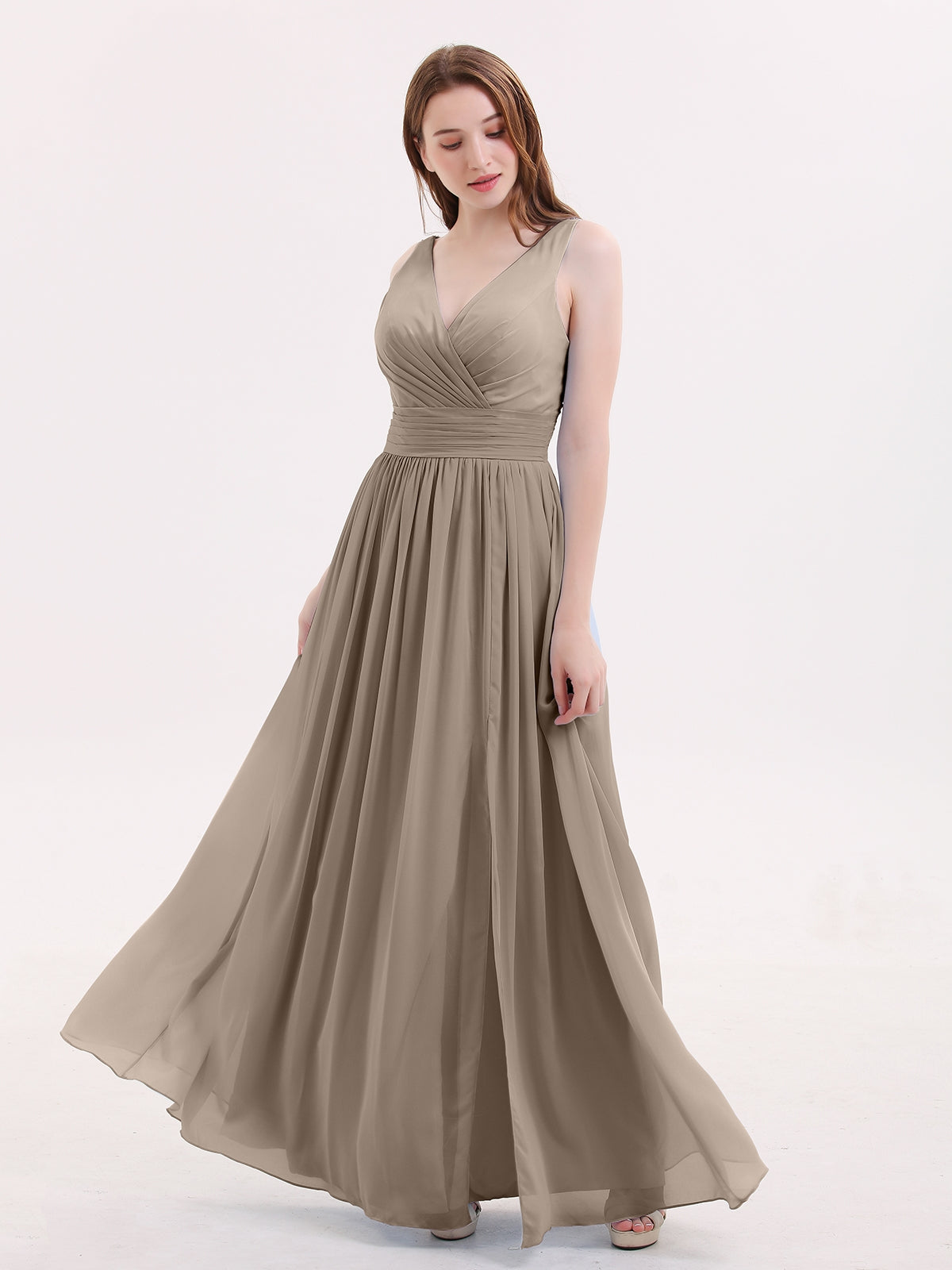 Maxi Chiffon Bridesmaid Dresses with V Neck Taupe Plus Size