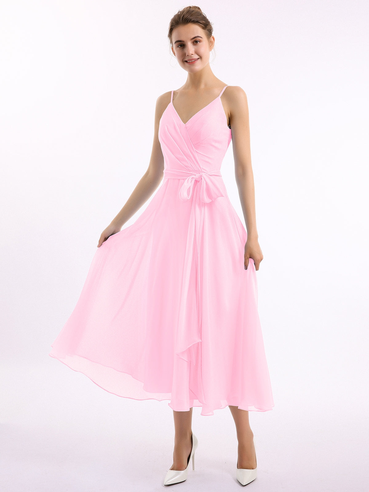BABARONI Chiffon Candy Pink Bridesmaid Dresses V-neck Tea-length Spaghetti  Straps Bow A-line