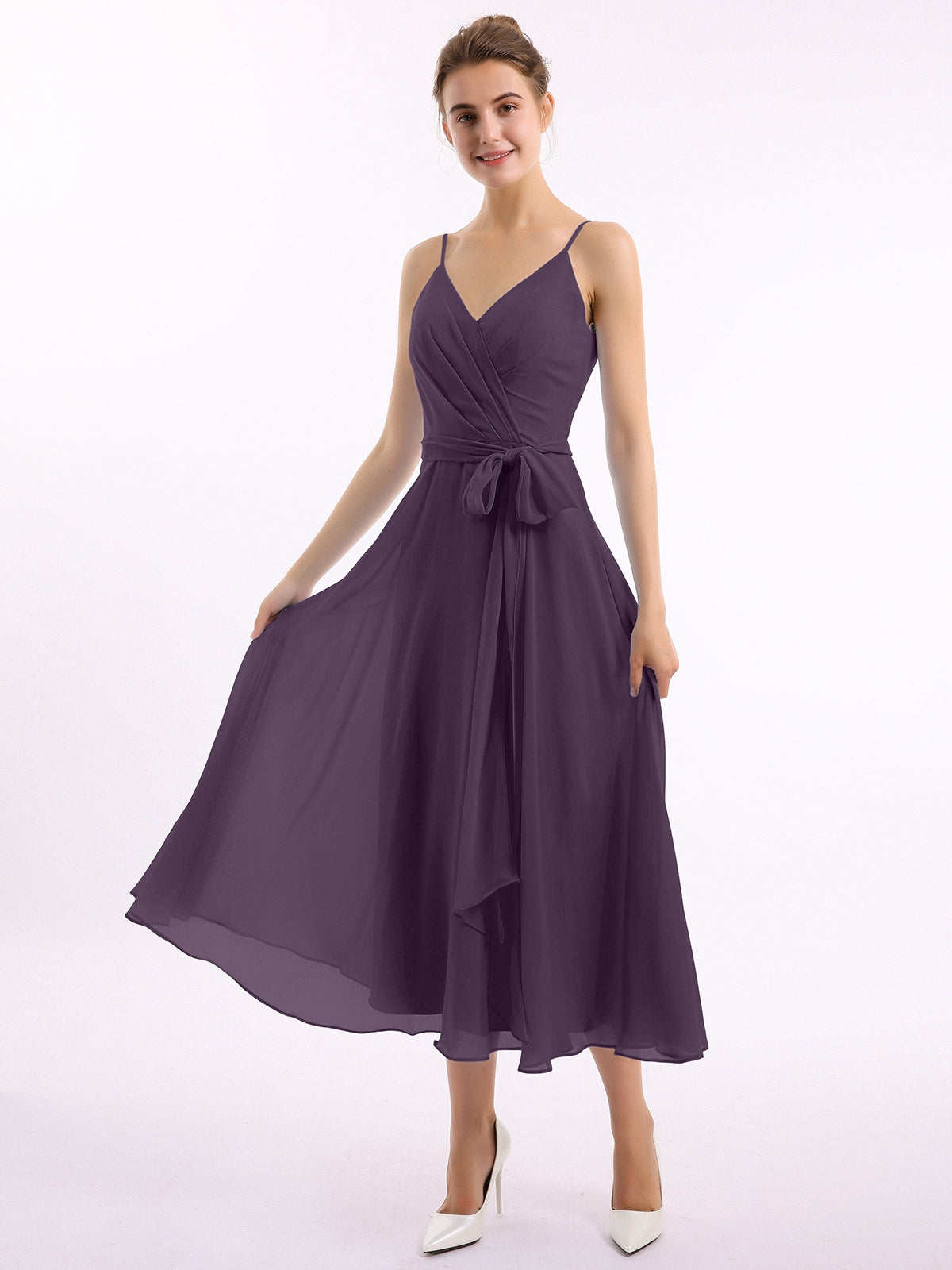 BABARONI Chiffon Plum Bridesmaid Dresses V-neck Tea-length Spaghetti Straps Bow A-line, Plum / US0