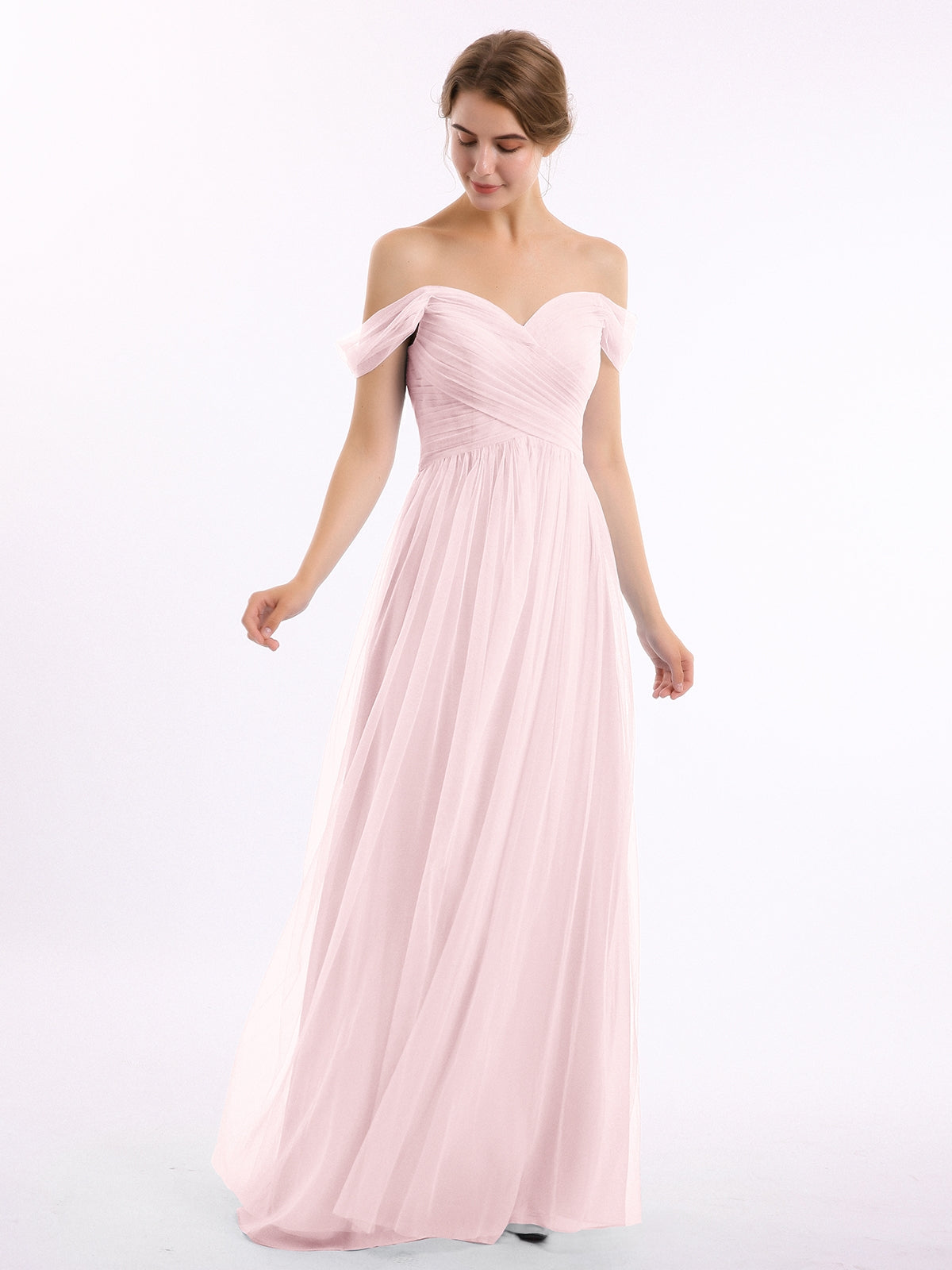 BABARONI Tulle Blushing Pink Bridesmaid Dresses Off-the-shoulder  Floor-length Short Ruched A-line