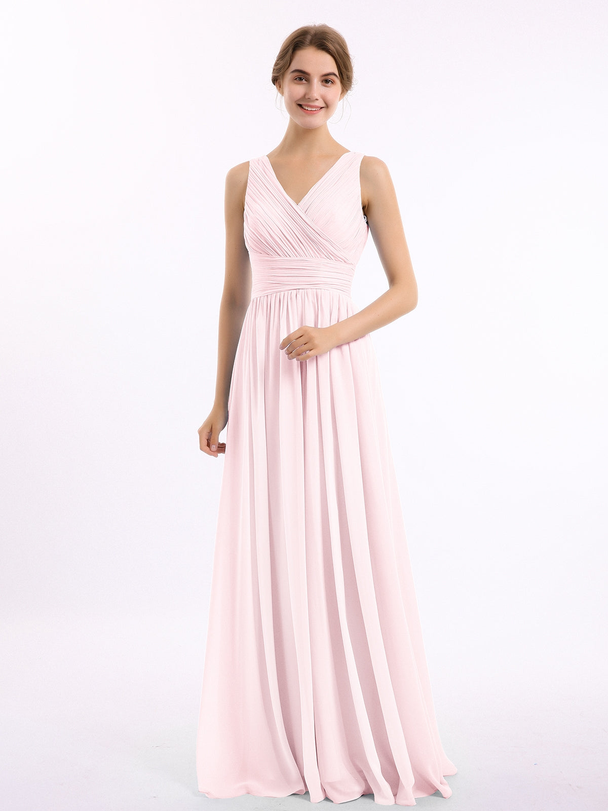 A-line V-neck Chiffon Ruched Floor-length Dress Blushing Pink Plus Size