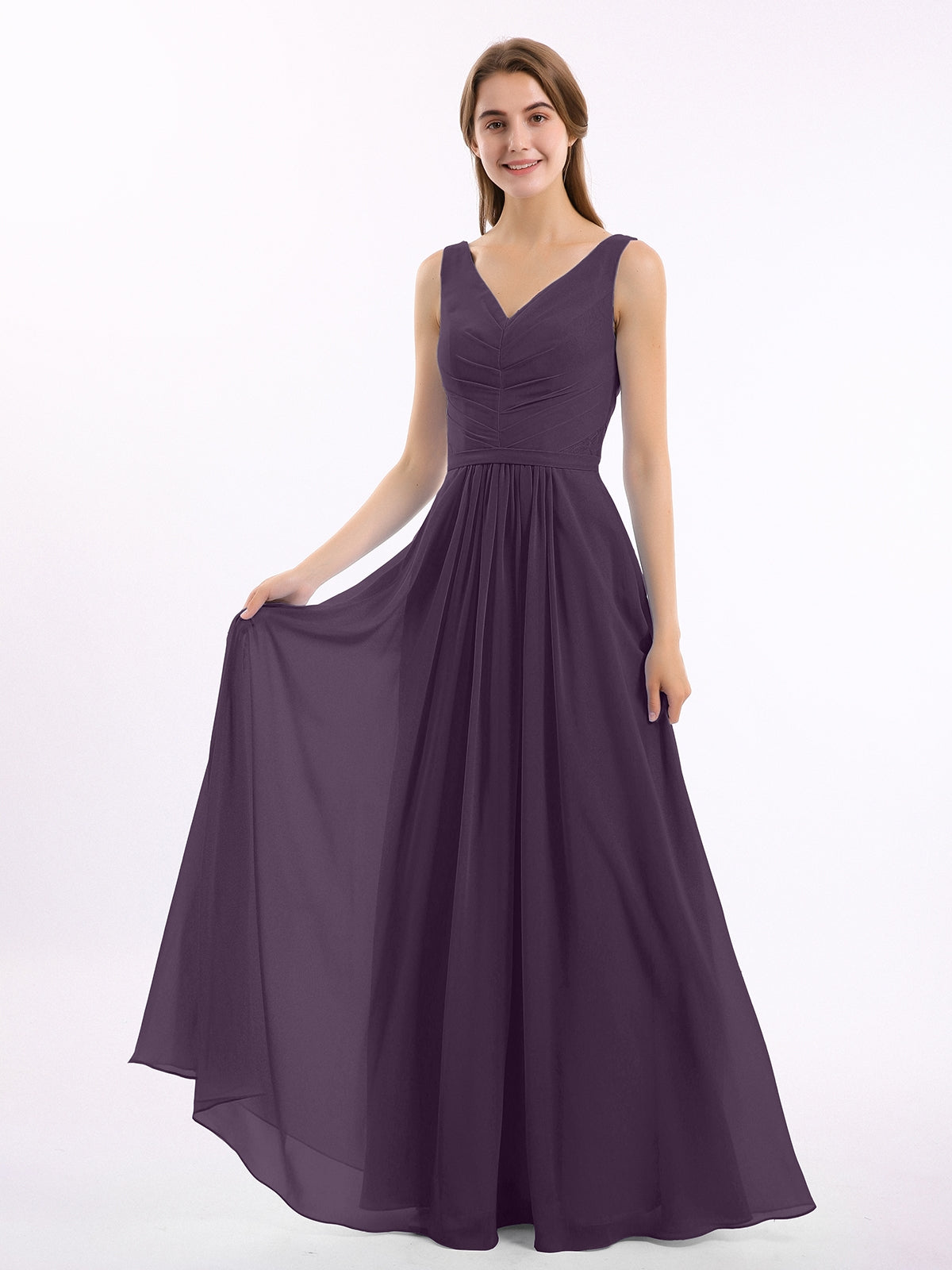BABARONI V-neck Chiffon Long Dress of Bridesmaids Plum, Plum / US0 BABARONI V-neck Chiffon Long Dress of Bridesmaids Plum, Plum / US0