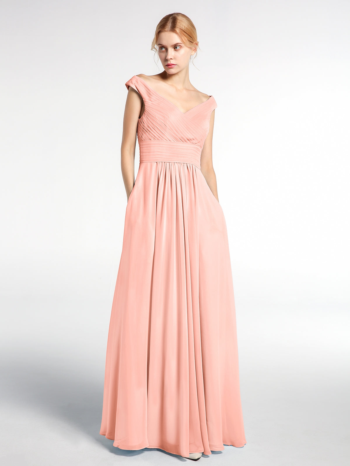 BABARONI Off shoulder V-neck Maxi Dress with Pockets-Coral, Coral / US0 BABARONI Off shoulder V-neck Maxi Dress with Pockets-Coral, Coral / US0