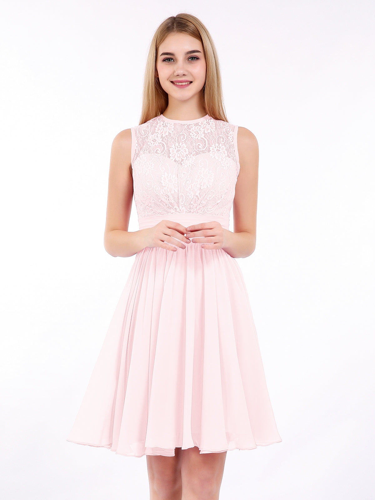 BABARONI Illusion Neck Chiffon and Lace Dress-Blushing Pink, Blushing Pink / US0