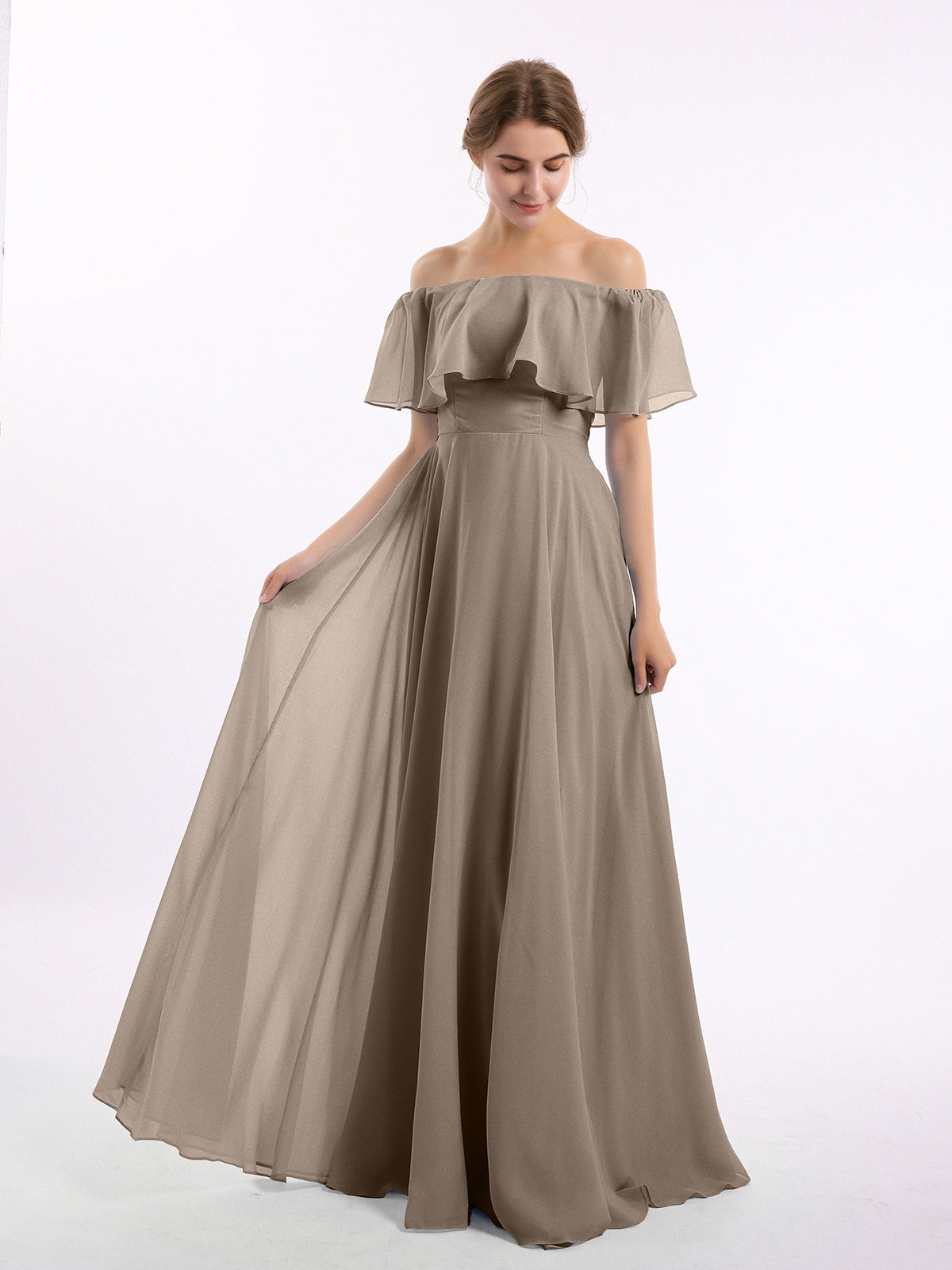hazel bridesmaid dress BABARONI Chiffon Taupe Dresses Off-the-shoulder Floor-length Short Pleated A-line, Taupe / US0 ruched shoulder straps