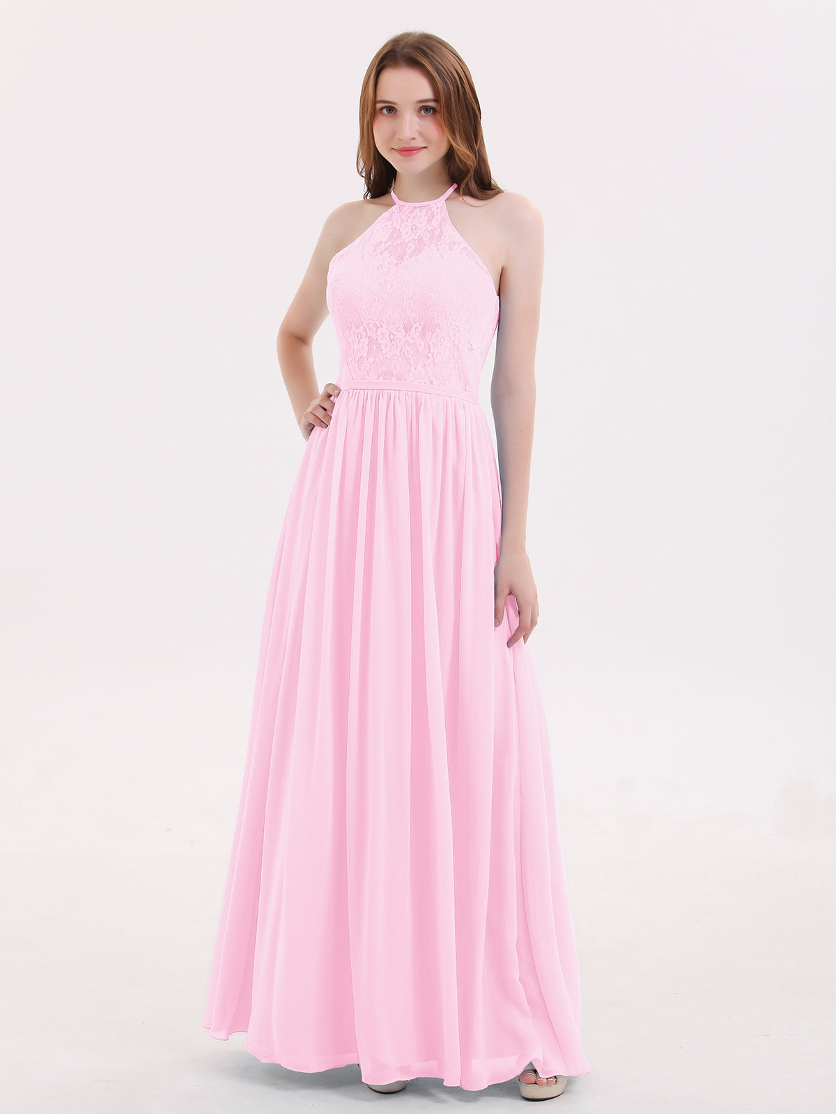 BABARONI Chiffon Maxi Halter Dress with Lace Bodice-Candy Pink, Candy Pink / US0 BABARONI Chiffon Maxi Halter Dress with Lace Bodice-Candy Pink, Candy Pink / US0
