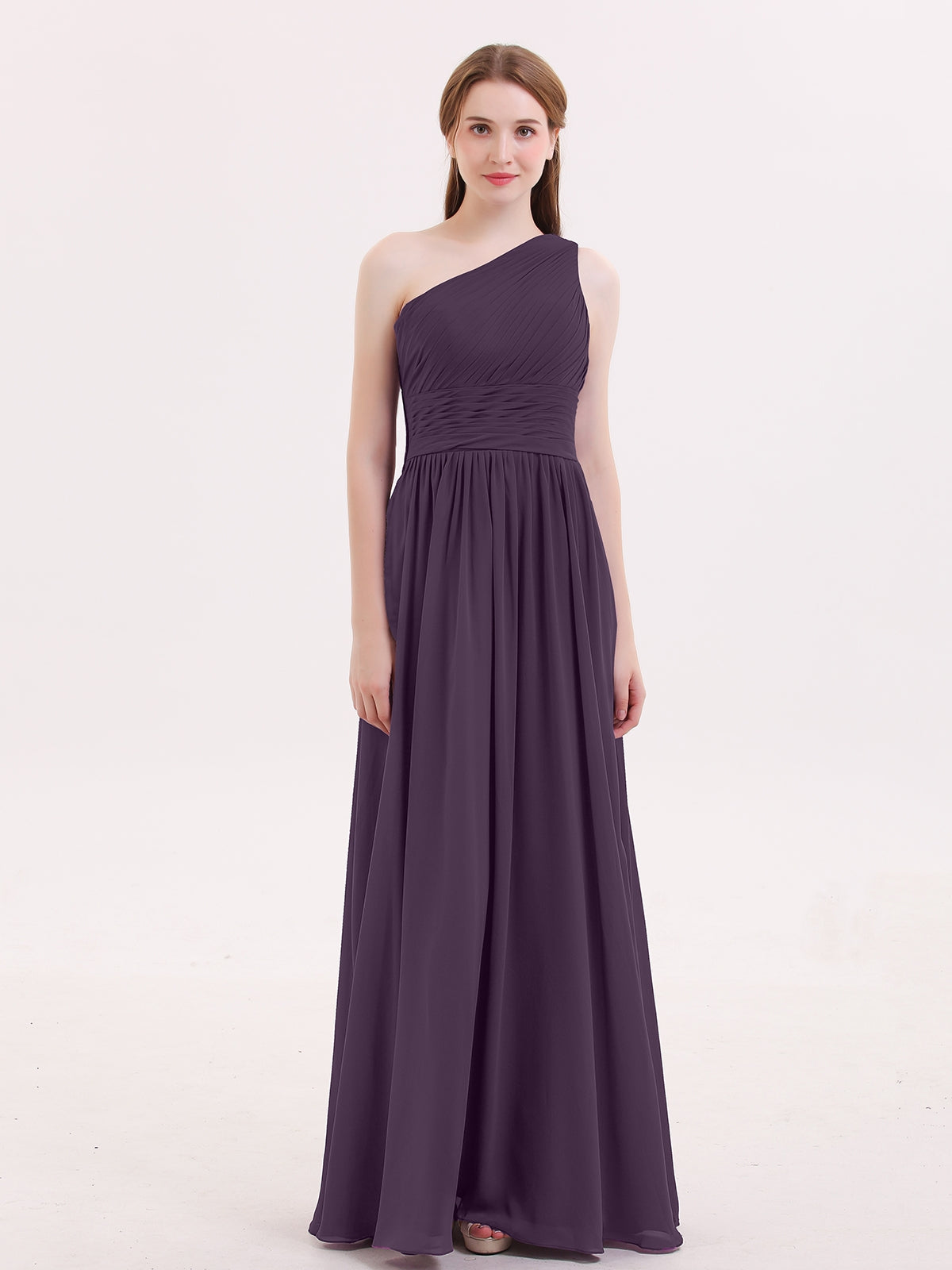 open lace back dress BABARONI One Shoulder Chiffon Long Bridemaid Dresses-Plum, Plum / US0