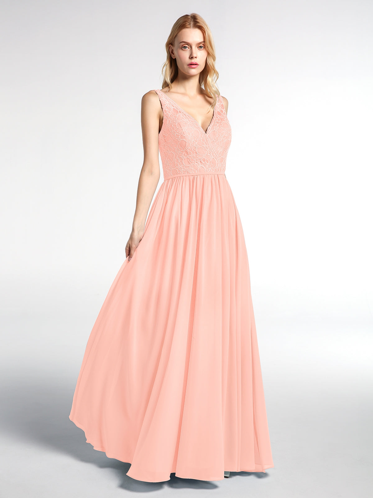 chiffon maxi dress coral BABARONI V-neck Lace Top Chiffon Skirt Maxi Dress-Coral, Coral / US0
