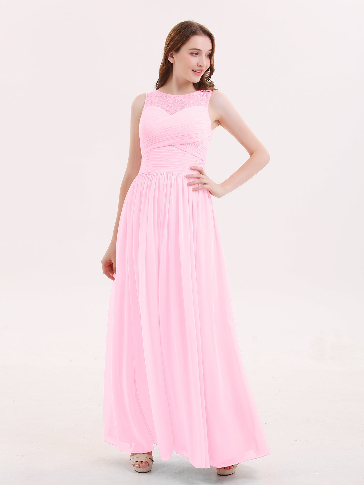 V-neck Chiffon Dresses with Satin Sash Bow Candy Pink Plus Size
