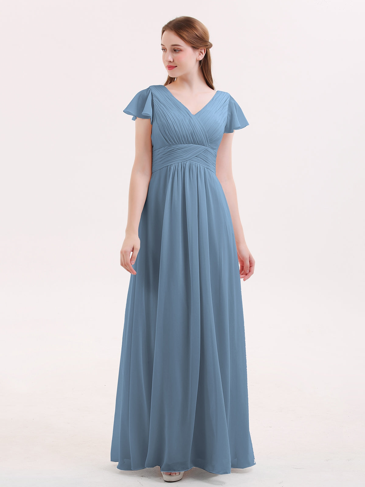 Jacqueline Cap Sleeves Chiffon Long Bridesmaid Dress Slate Blue | BABARONI