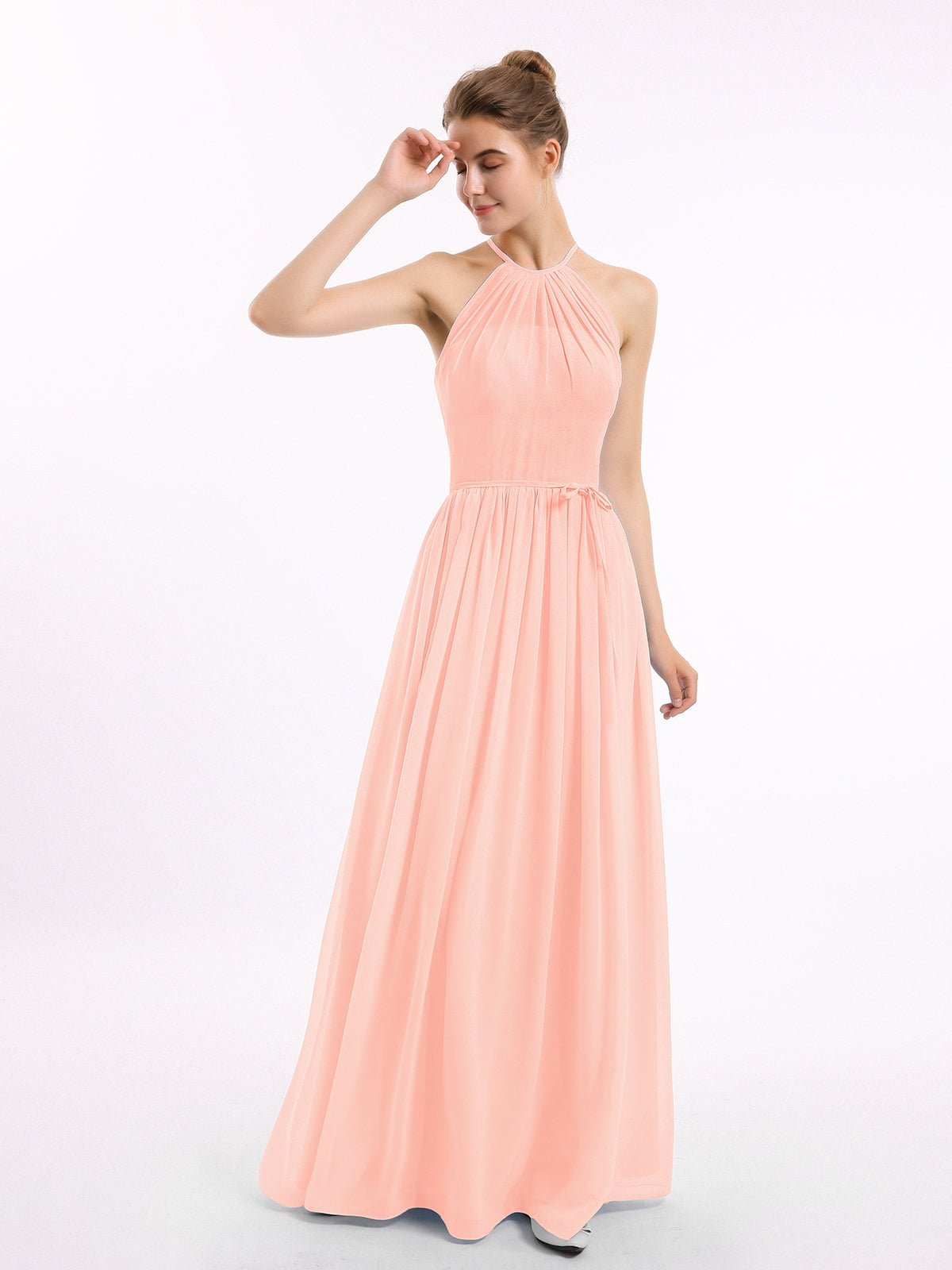 BABARONI Halter High Neck Chiffon Bridesmaid Dress-Coral Plus Size, Coral / US18