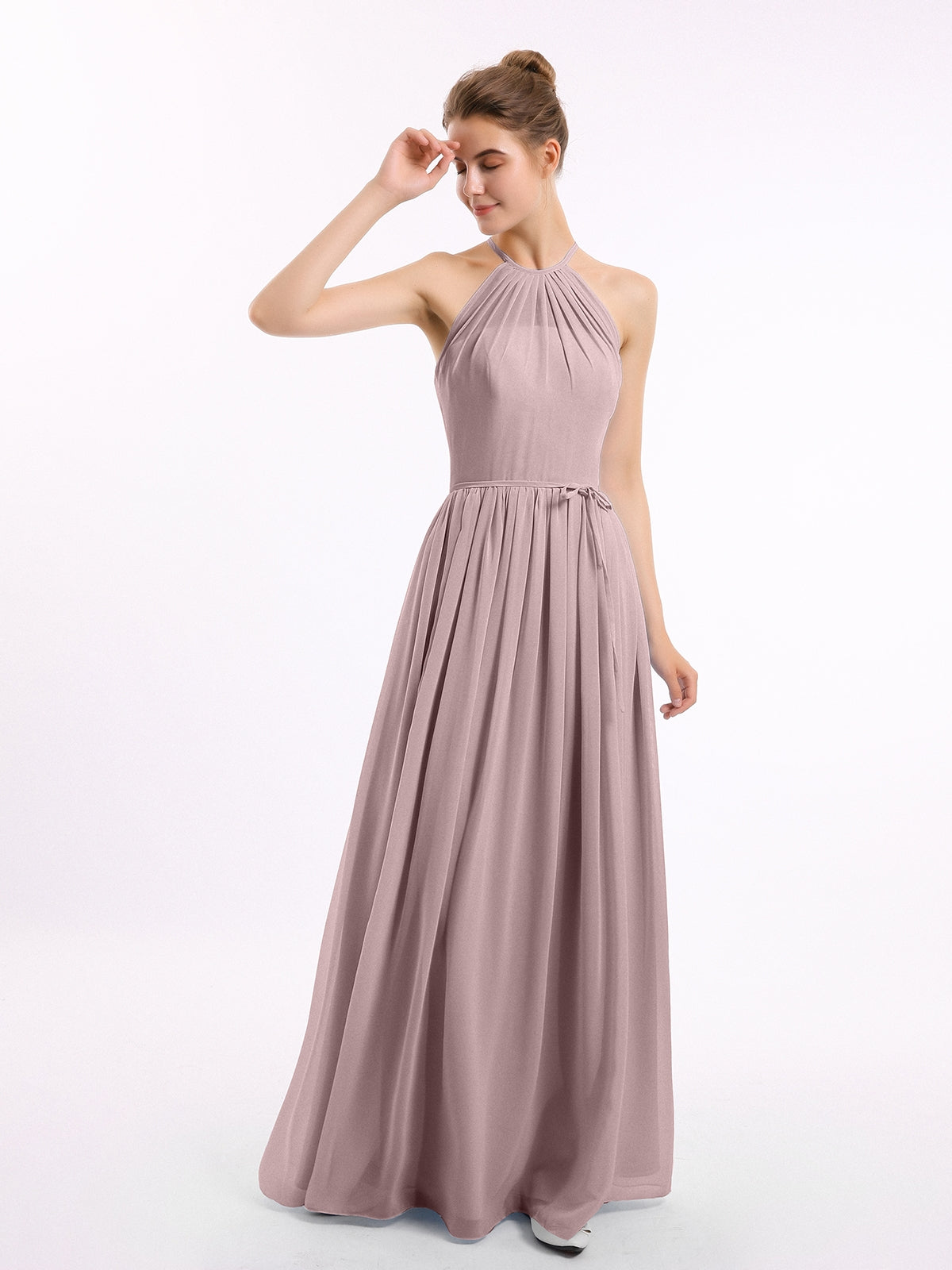 BABARONI Long Halter Chiffon Dresses with Open Back Vintage Mauve, Vintage Mauve / US0 BABARONI Long Halter Chiffon Dresses with Open Back Vintage Mauve, Vintage Mauve / US0