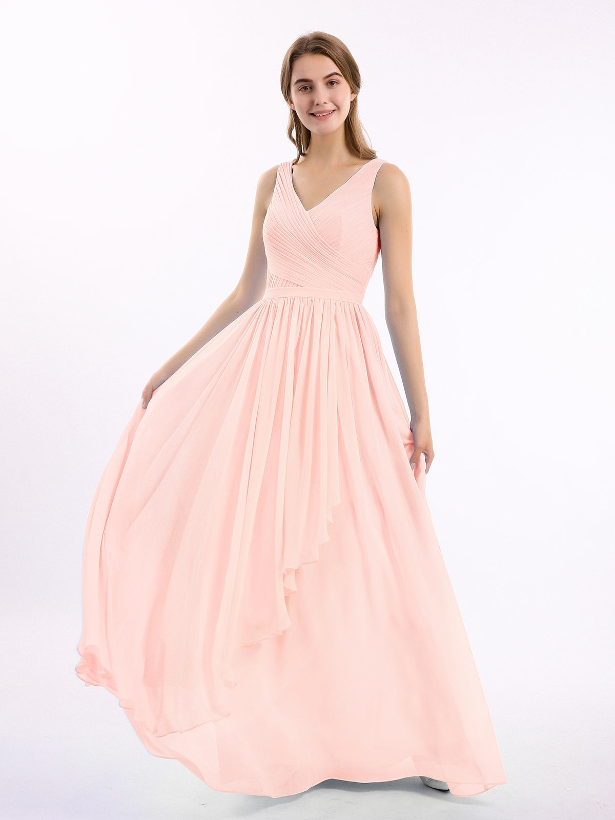 BABARONI Chiffon Pearl Pink Bridesmaid Dresses V-neck Floor-length