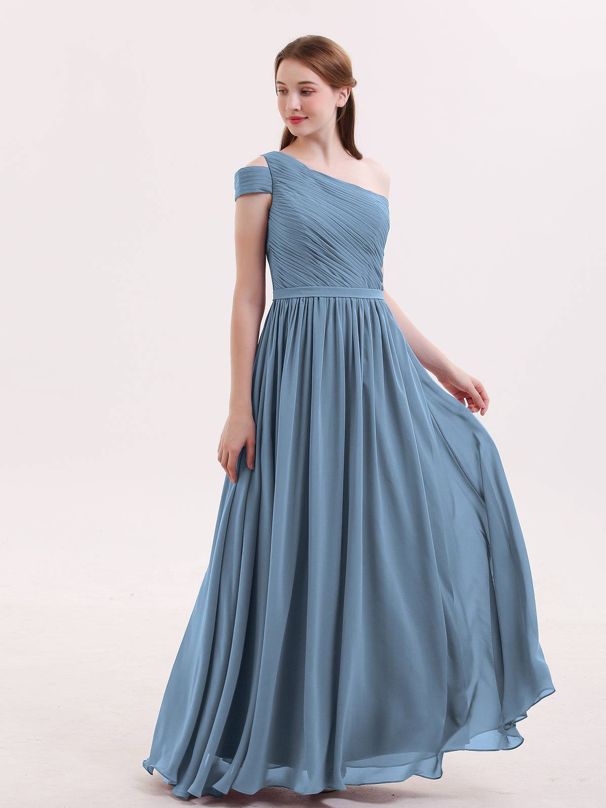 BABARONI One Shoulder Bridesmaid Gown with Sash-Slate Blue, Slate Blue / US0