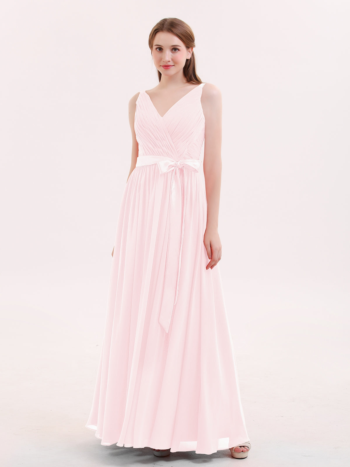 Maxi Chiffon Bridesmaid Dresses with V Neck Blushing Pink