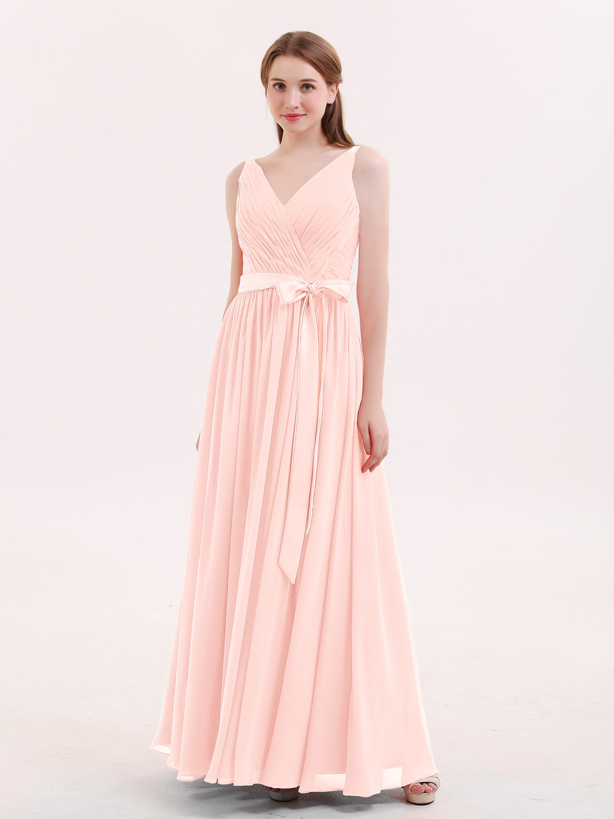BABARONI V Neck Chiffon Bridesmaid Dress with Satin Sash Bow-Pearl Pink, Pearl Pink / US0