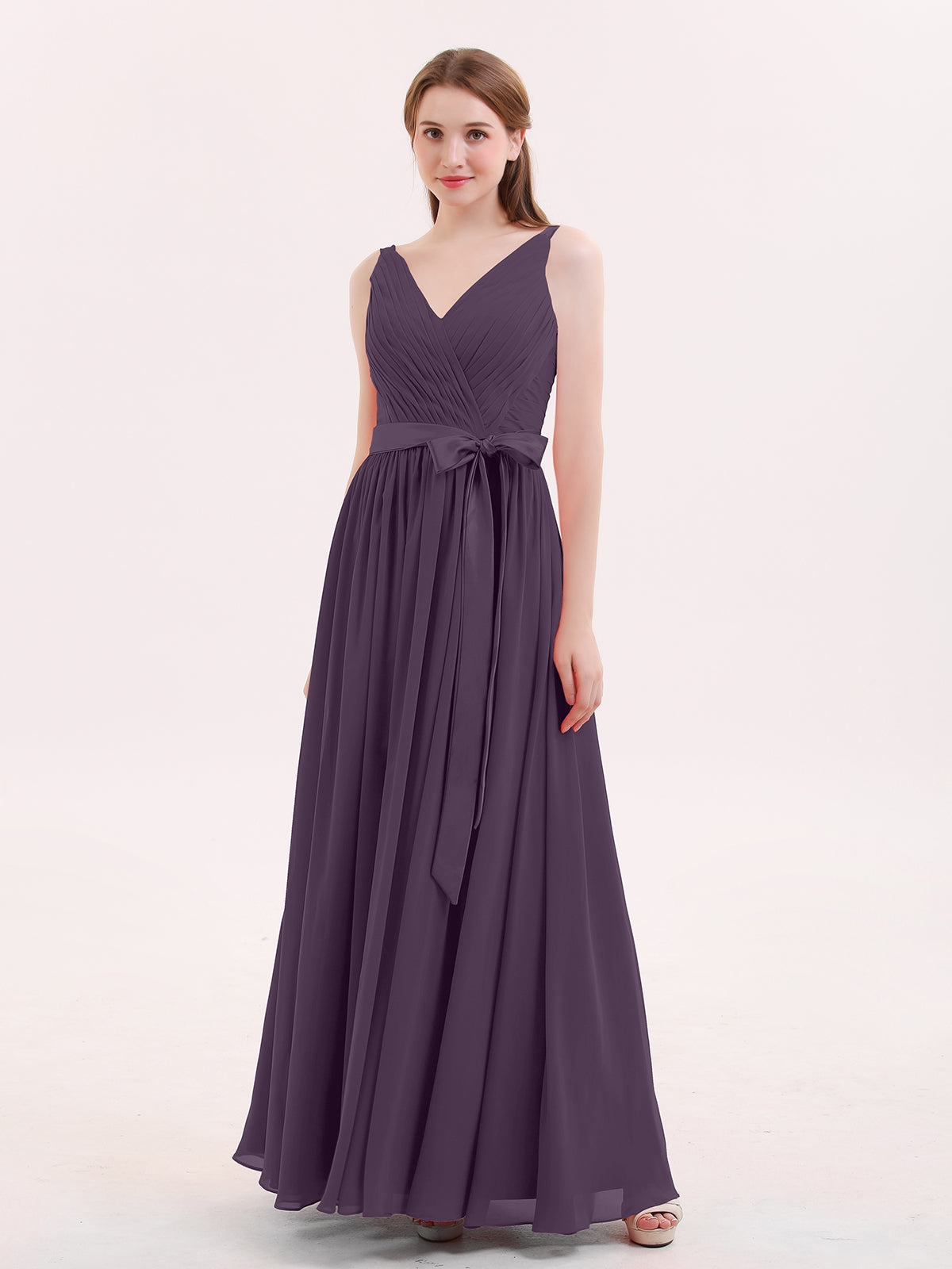 BABARONI BABARONI Chiffon Plum Bridesmaid Dresses V-neck Floor-length Sleeveless Sash Pleated A-line, Plum / US0 BABARONI BABARONI Chiffon Plum Bridesmaid Dresses V-neck Floor-length Sleeveless Sash Pleated A-line, Plum / US0