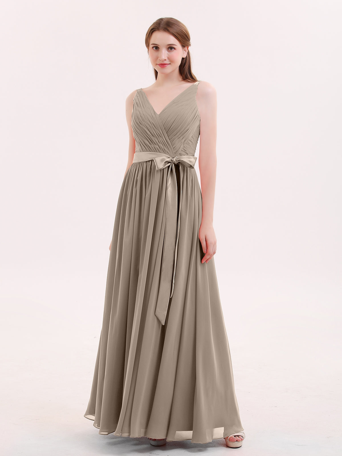 BABARONI Chiffon Taupe Bridesmaid Dresses V-neck Floor-length Sleeveless Sash Pleated A-line, Taupe / US18