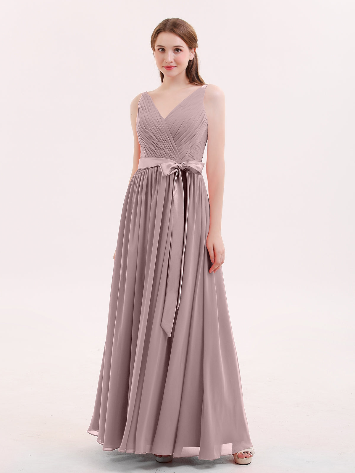 BABARONI V Neck Chiffon Bridesmaid Dress with Satin Sash Bow-Vintage Mauve, Vintage Mauve / US0
