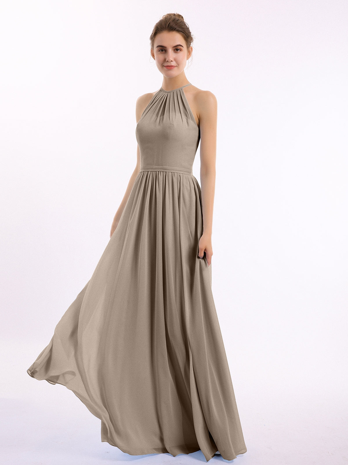 Long Halter Chiffon Dresses of Bridesmaid Taupe Plus Size