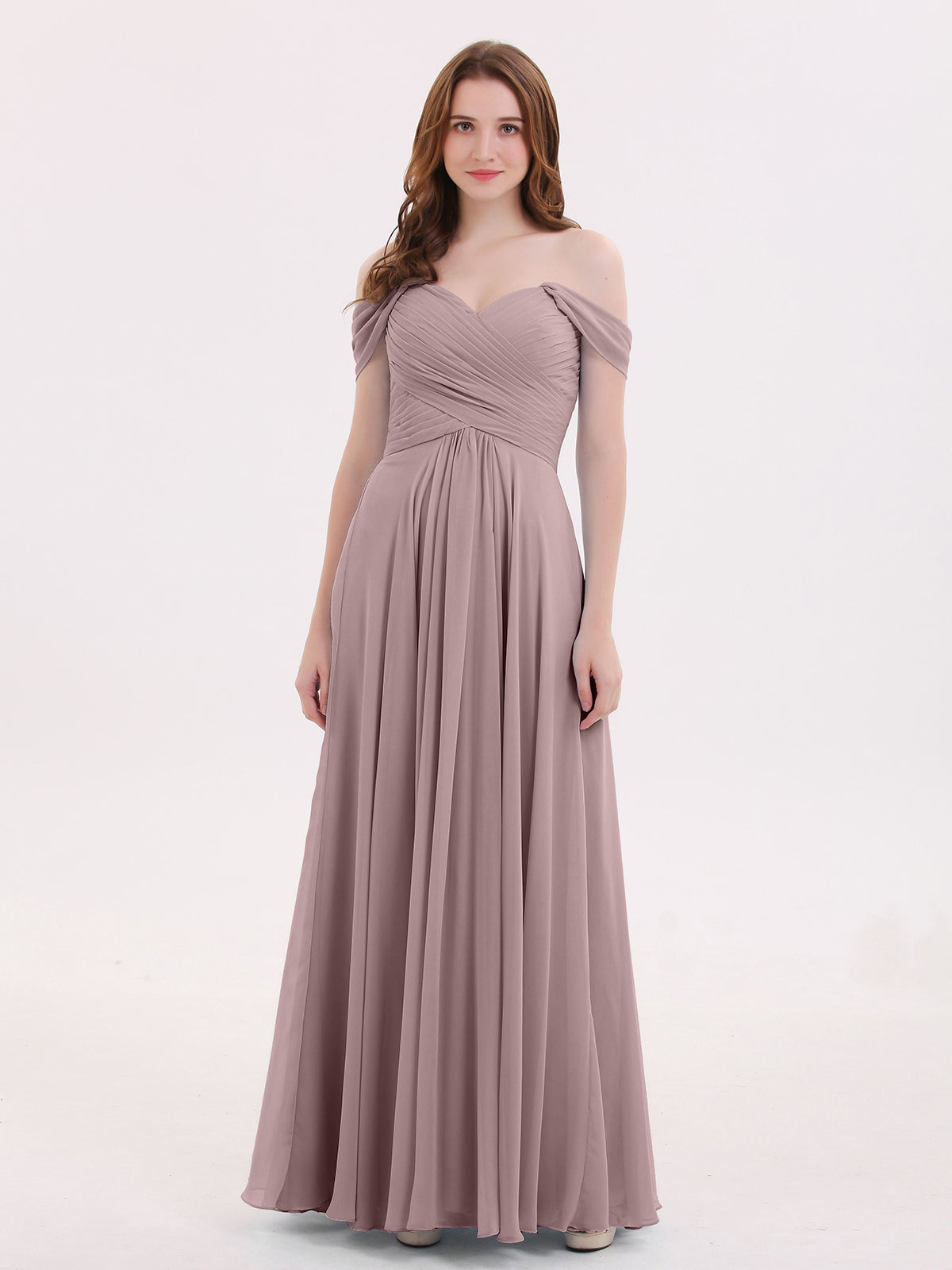 BABARONI Chiffon Vintage Mauve Bridesmaid Dresses Off-the-shoulder Floor-length Cap Sleeve Ruched Empire BABARONI Chiffon Vintage Mauve Bridesmaid Dresses Off-the-shoulder Floor-length Cap Sleeve Ruched Empire