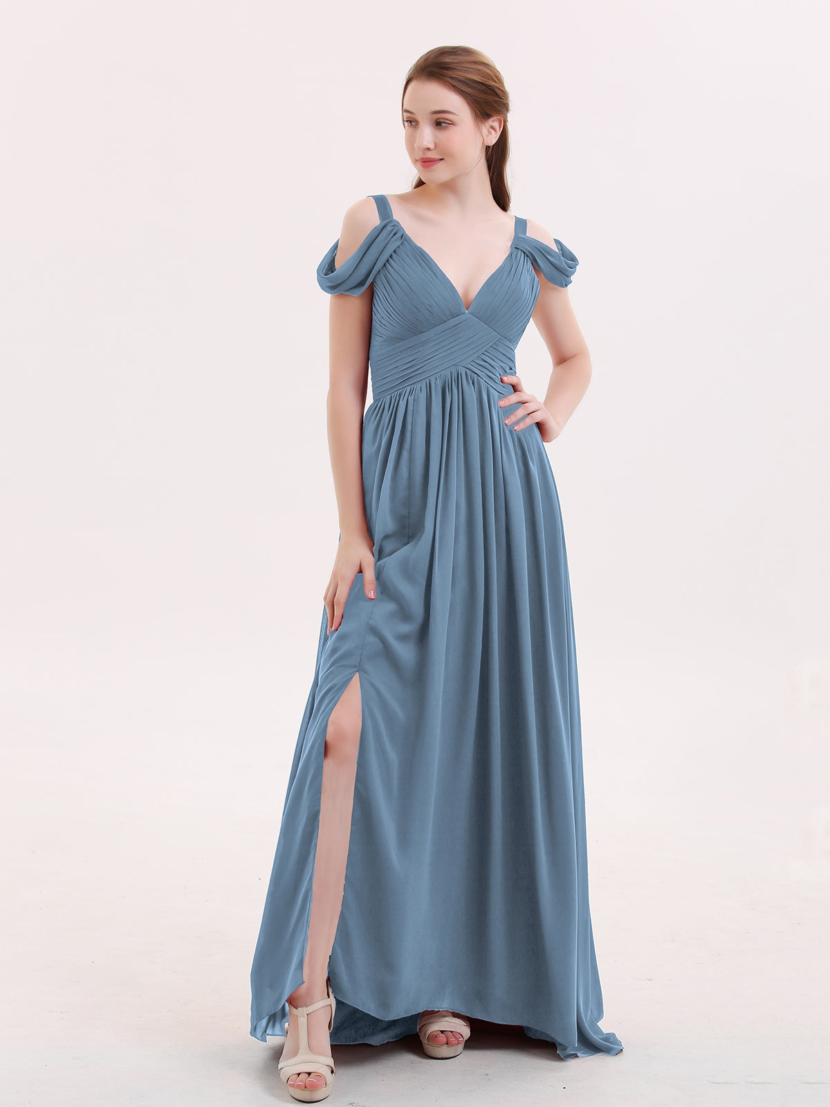 Long Chiffon Dresses with V Neckline Slate Blue