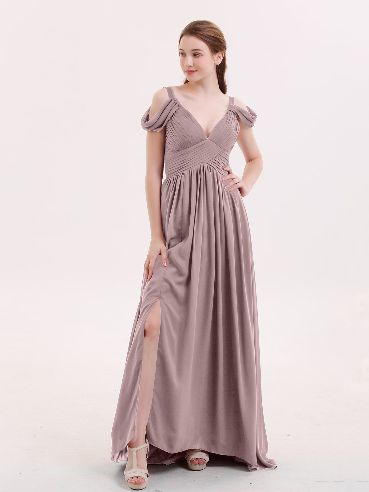 Long Chiffon Spaghetti Strap Dresses Vintage Mauve