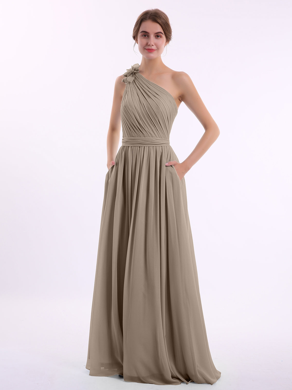 one shoulder dress chiffon BABARONI One Flower Shoulder Chiffon Dresses with Pocket Taupe, Taupe / US0