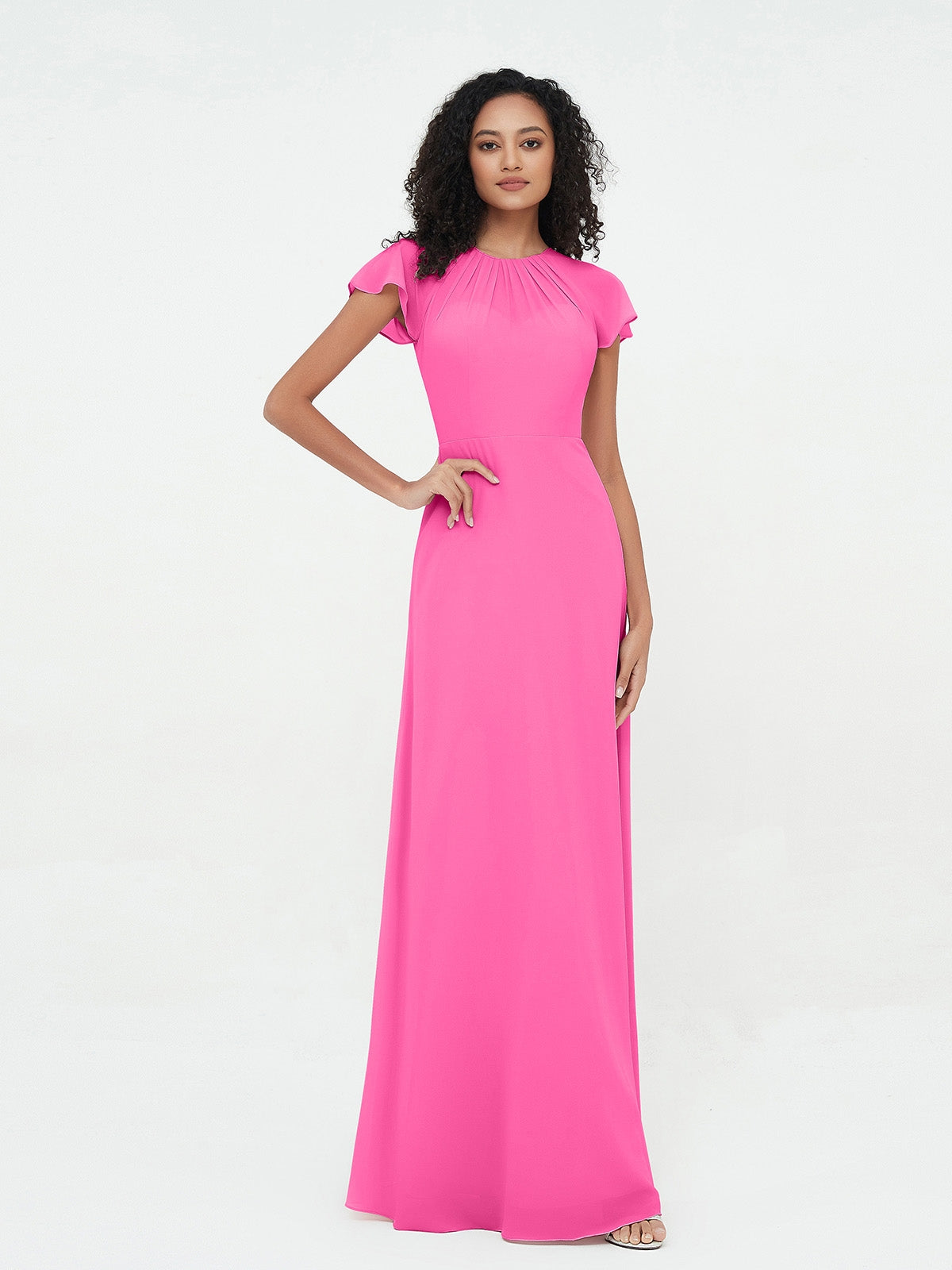Illusion Neckline Half Sleeve Chiffon Dress Coral Plus Size