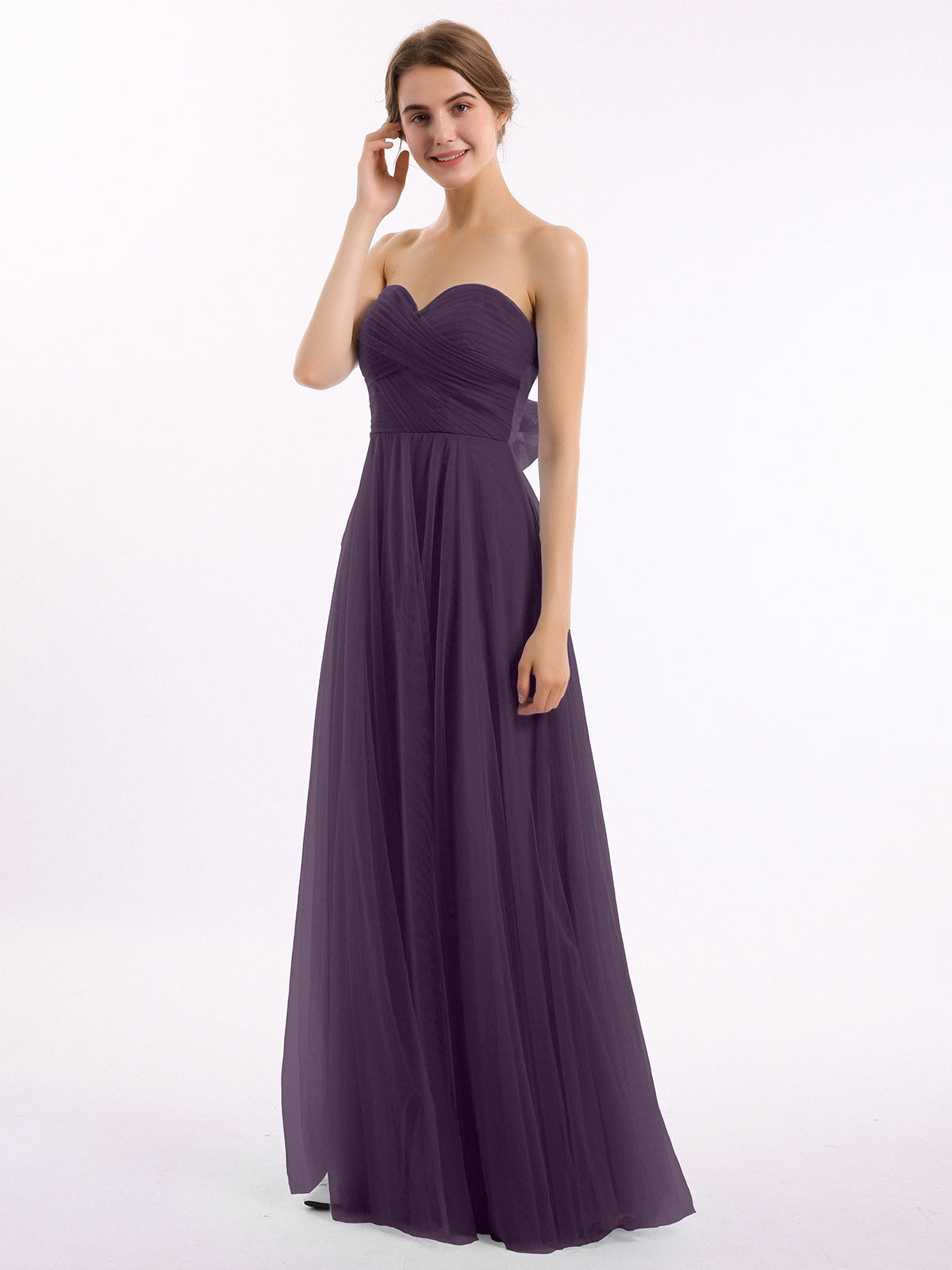BABARONI Sweetheart Strapless Neck Tulle Dresses with Bow-Plum Plus Size, Plum / US18