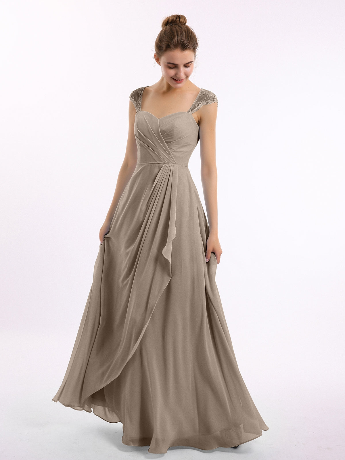 blue dress for baby girl BABARONI Chiffon Bridesmaid Dresses with Lace Cap Sleeves-Taupe, Taupe / US0